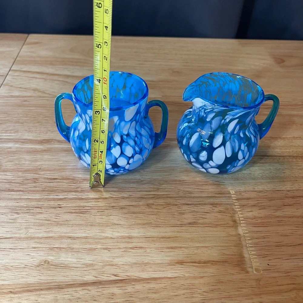 VTG Rainbow Glass Huntington WV Blue White Spatter Creamer Sugar Bowl Hand Blown